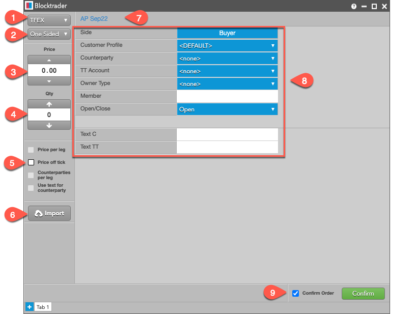 One sided trade fields Annotated TFEX Blocktrader Widget